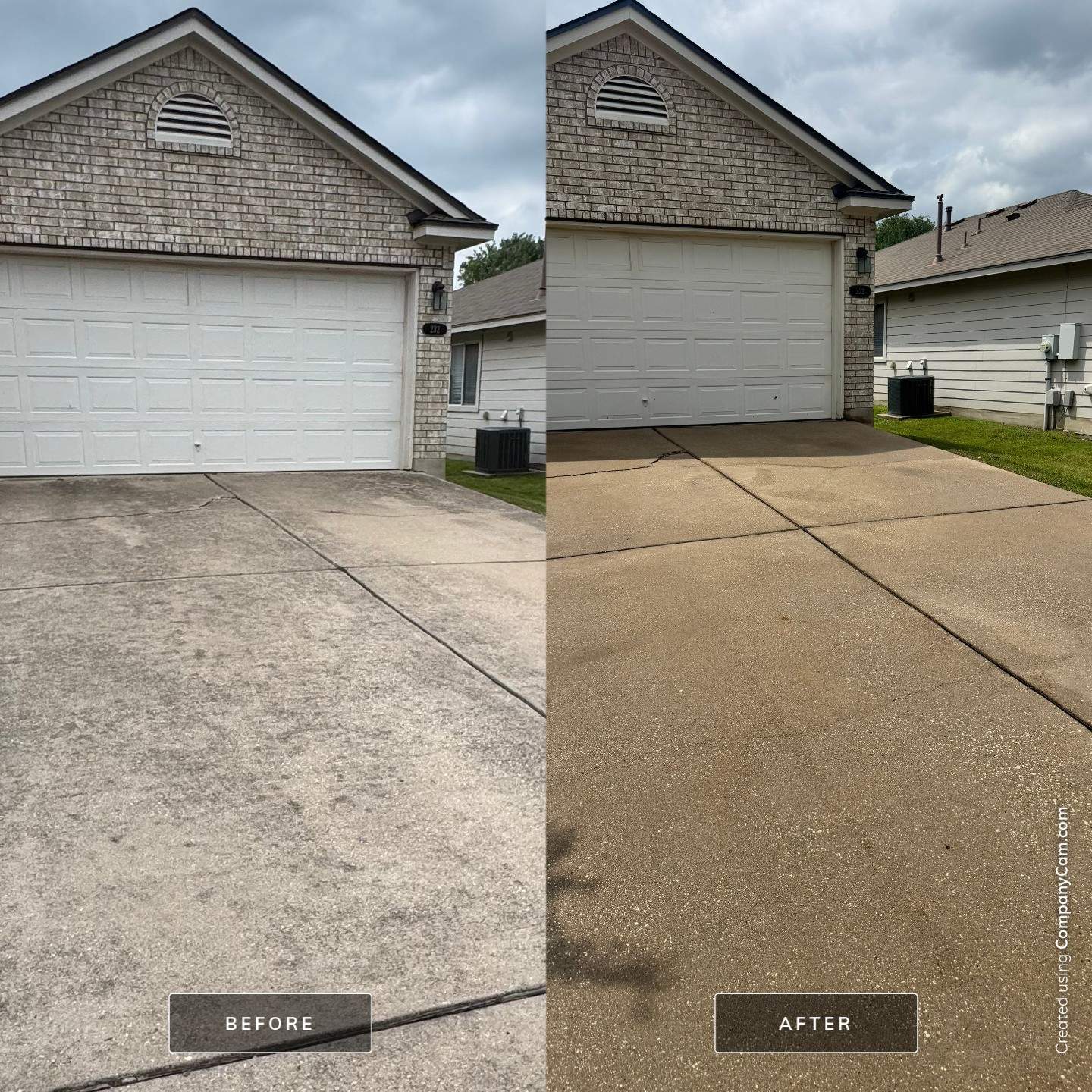 Before and After photos of complimentary driveway power wash after new roof installation by McCannical Roofing & Exteriors