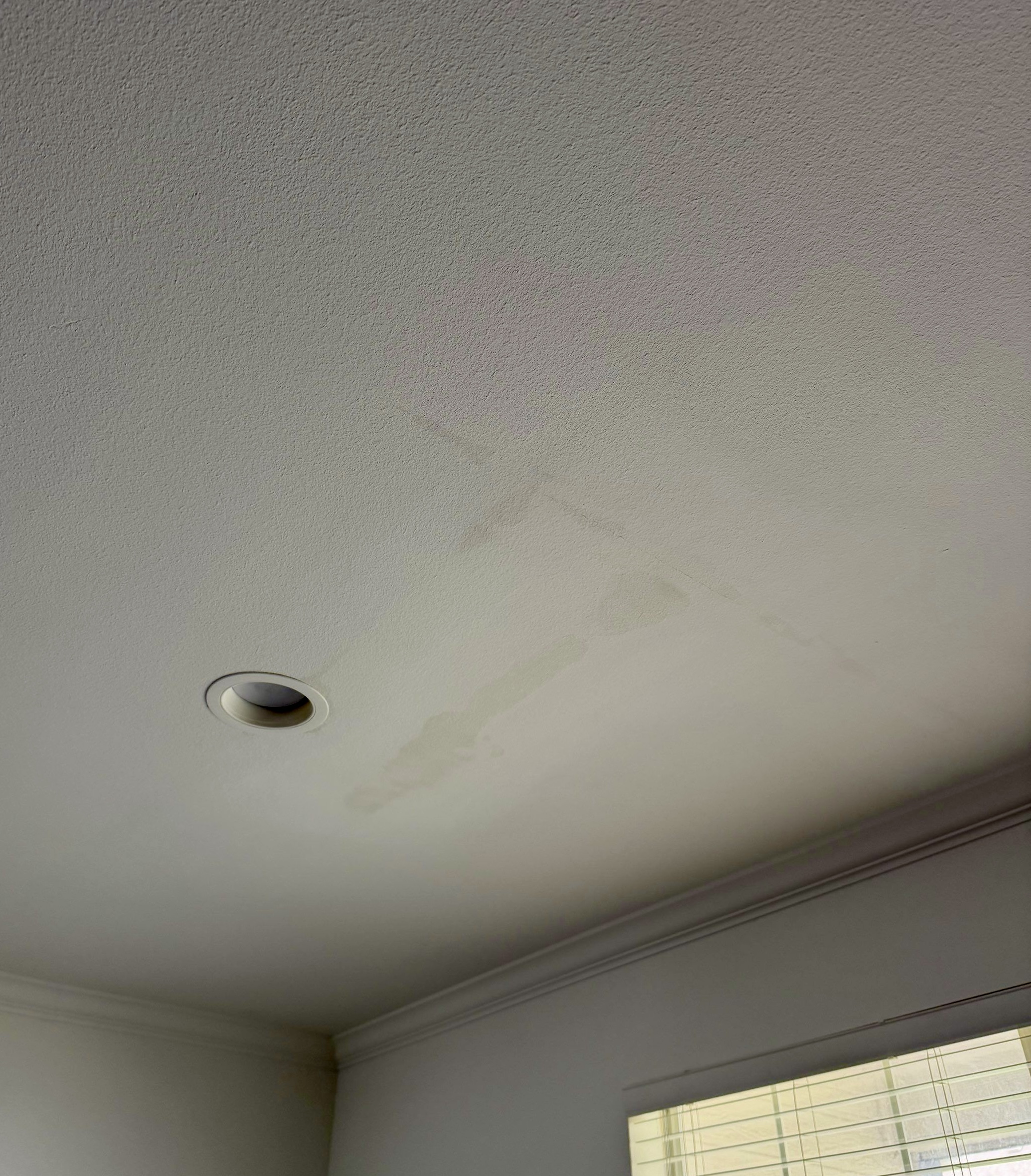 Water stain and moisture damage on a residential ceiling caused by a roof leak in a Greater Austin, TX home
